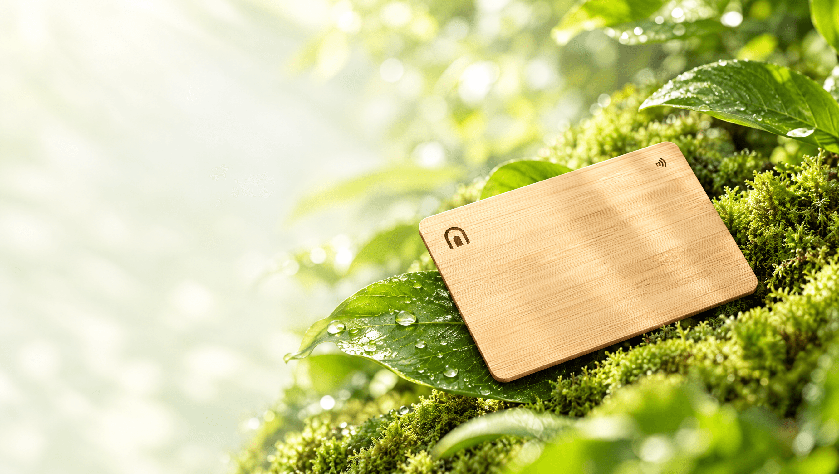 Bamboo Tapni card resting on moss and fresh green leaves